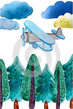 Postcard plane, clouds, coniferous trees.