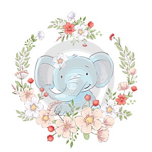 Postcard poster cute little elephant in a wreath of flowers. Hand drawing. Vector
