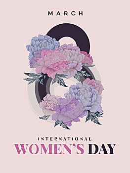 Postcard, poster for March 8, International Women\'s Day in Printmaking style with lettering design. Peony flower for