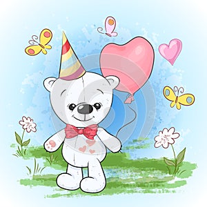 Postcard print party birthday polar bear in a cap with balloons. Cartoon style