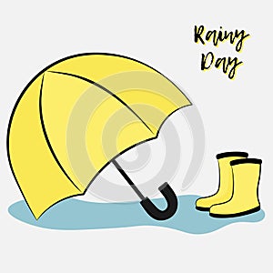 Postcard vector flat llustration of a pair of yellow rainboots and an umbrella