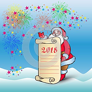 Postcard, Santa Claus with blank sheet of parchment for congratulations and invitation for 2018, cartoon on blue background and s