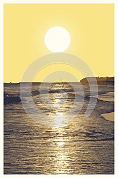 Postcard - sea sunset, sun reflected in water, vector illustration.