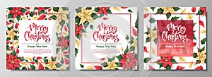 Postcard set with red and yellow poinsettia. Christmas and New Year background. Winter plants for decorating invitations, banners