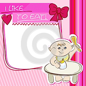 Postcard small child eats at the table