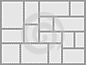 Postcard stamp frames. Blank postage stamps, empty postmark and square mark frame border vector set. Clean postal office