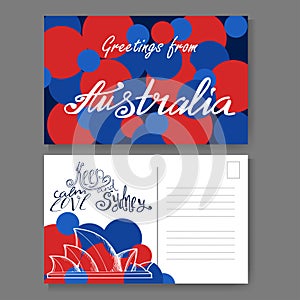 Postcard from Sydney. Hand drawn lettering and sketch. Greetings from Australia. Vector illestration