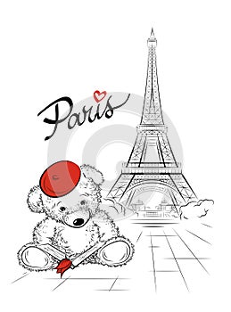 Postcard with Teddy bear and Eiffel tower from Paris, France