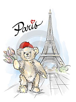 Postcard with Teddy bear and Eiffel tower from Paris, France