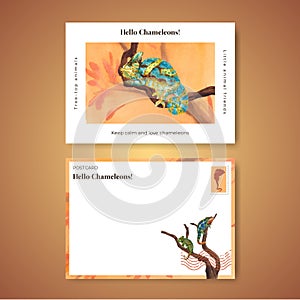 Postcard template with chameleon lizard concept,watercolor style