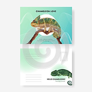 Postcard template with chameleon lizard concept,watercolor style