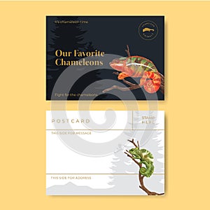 Postcard template with chameleon lizard concept,watercolor style