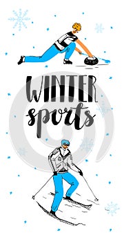 postcard template with curling athlete and skier