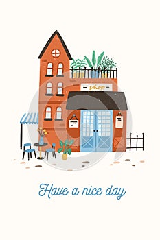 Postcard template with facade of cute store, shop or boutique. Poster with building on city or town street and Have A