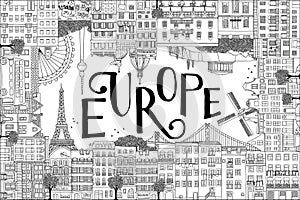 Postcard template with hand drawn houses and landmarks of Europe