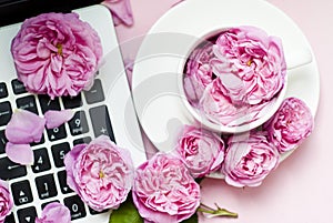 Postcard template. The laptop keyboard is strewn with flowers, a white cup pink background. Valentine`s Day. Women`s Day. Festiv