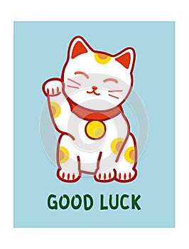 Postcard Template with Maneki Neko Japanese cat. Symbol of good luck, fortune and prosperity. Doodle vector illustration