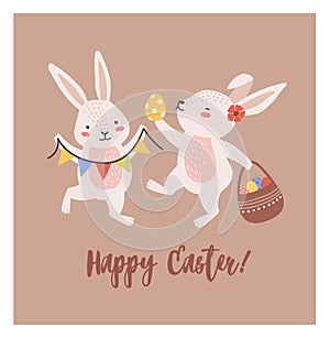 Postcard template with pair of lovely bunnies or rabbits holding basket with decorated eggs and flag garland and Happy