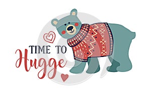 Postcard template with a polar bear in a sweater and the inscription TIME TO HUGGE photo