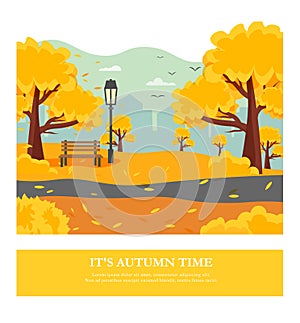 Postcard template with urban autumn landscape - trees in the park, a bench and a lantern, fallen leaves and a panorama