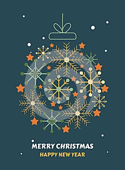 Postcard with text happy new year and merry christmas with xmas decorations and typography design