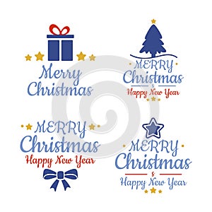 Postcard with text happy new year and merry christmas with xmas decorations and typography design