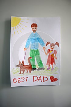 A postcard to the Best Dad drawn by a child. White background. Fathers day.