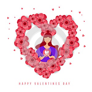 Postcard to March 8, with paper flowers and young girl holding a love heart in her hands. Illustration can be used in the