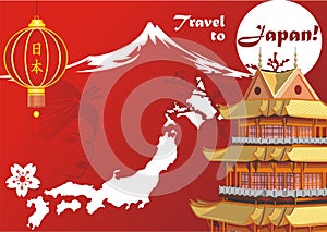Postcard-travel around Japan. Geisha, mount Fuji, Japanese pagoda, cherry blossom on red background.