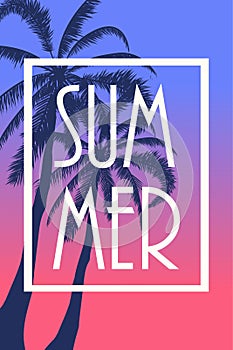 Postcard with tropical landscape Summer background Palm trees silhouette. Vector illustration