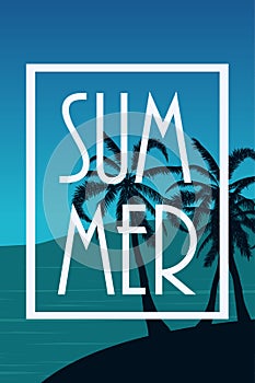 Postcard with tropical landscape Summer background Palm trees silhouette. Vector illustration