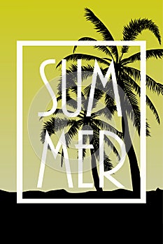 Postcard with tropical landscape Summer background Palm trees silhouette. Vector illustration