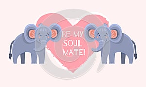 Postcard with two elephants and a heart for February 14 and valetin s day. Valentine s day lettering. Horizontal postcard with the