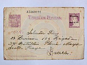 Postcard with two stamps of the Republic. Spanish civil war.