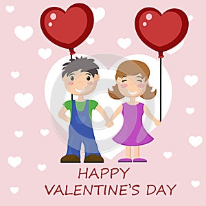 Postcard for Valentine`s Day. Cute couple boy and girl holding hands.