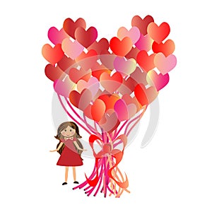 Postcard Valentine`s Day. Girl with heart shaped balloons