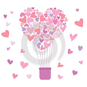 Postcard for Valentine's Day. Heart-shaped balloon and heart decorations on a white background. Vector illustration.