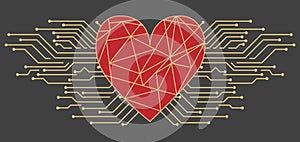 Postcard with Valentine`s Day in high-tech style. Big heart with an inscription and microchips or with circuit board