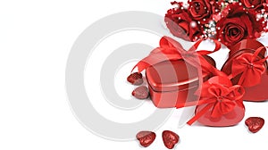 Postcard for Valentine`s Day or Women`s Day. Background, banner, hearts, flowers and gift boxes. Happy holiday, congratulation,