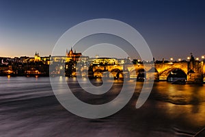 Postcard view of night Prague panorama, capital of the Czech republic.Amazing European cityscape.Prague Castle,Charles Bridge,