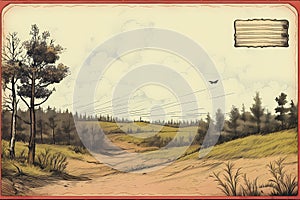 Postcard Vintage landscape with trees and grass in retro style, vector illustration