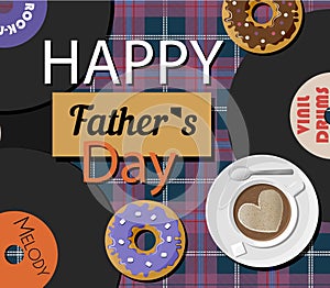 A postcard with vinyl records and doughnuts for father s Day. An illustration with an English cage in dark pink and blue