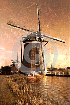 Postcard of windmills on dutch countryside