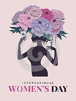 Postcard for Women\'s Day on March 8. Silhouette of a woman with a flower arrangement. Floral portrait, peonies,