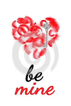 Postcard with the words Be mine in italics. Red heart is laid out of red feathers and decorative silver keys. Top view, flat lay,