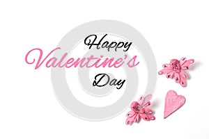 Postcard with the words Happy Valentine`s Day in pink colors italics. pink figures in the form of hearts and birds on a white