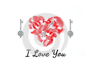 Postcard with the words I love you in black italics. Red heart is laid out of red feathers and decorative silver keys. Top view,