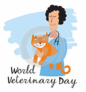 Postcard World Veterinarian Day. Cute doctor holding a grateful dog
