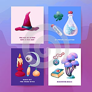 Postcards with Cartoon Magic Witchcraft accessories and mushroom. Shine Alchemy Collection with Witch Hat, Glass Poison