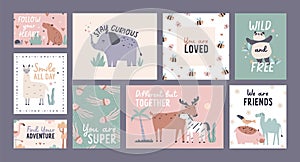 Postcards with cute baby animals in Scandinavian style. Kids cards designs set with quotes, motivation phrases, childish